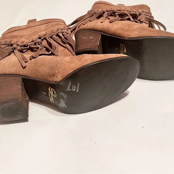 Tan Suede Fringe Ankle Booties with Stacked Heel
