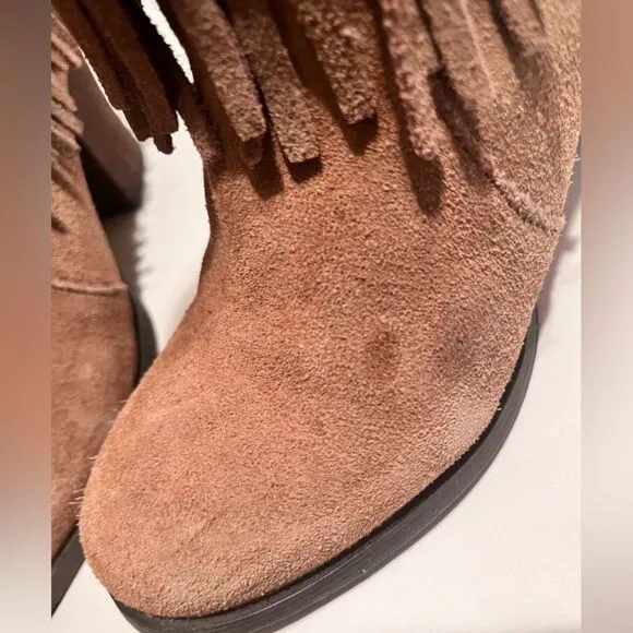 Tan Suede Fringe Ankle Booties with Stacked Heel