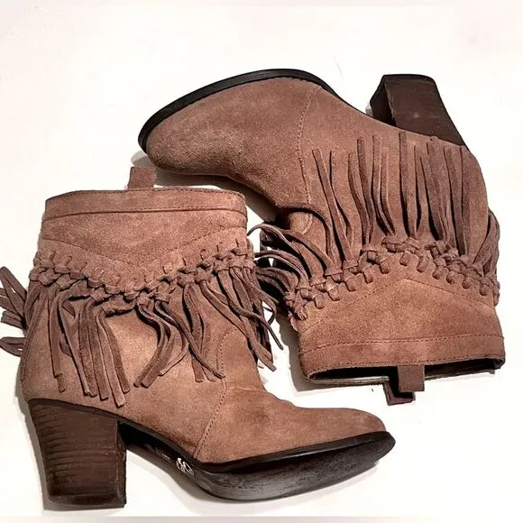 Tan Suede Fringe Ankle Booties with Stacked Heel