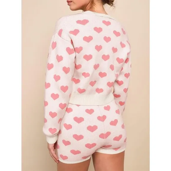 Tankaneo Sweater Womens white Heart Knit Long Sleeve Cropped Cardigan