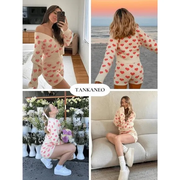 Tankaneo Sweater Womens white Heart Knit Long Sleeve Cropped Cardigan