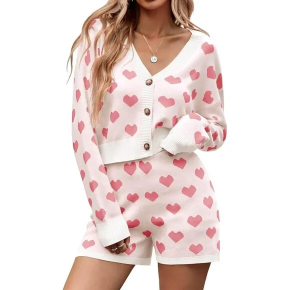 Tankaneo Sweater Womens white Heart Knit Long Sleeve Cropped Cardigan