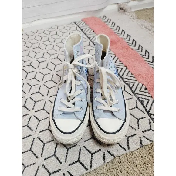 TAYLOR SWIFT CUSTOM PAINTED ALBUM TITLES CONVERSE HIGH TOP SNEAKERS, SZ 6.5