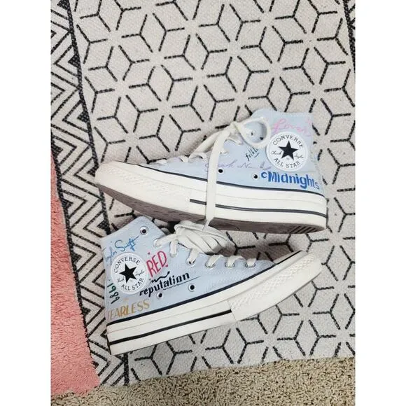 TAYLOR SWIFT CUSTOM PAINTED ALBUM TITLES CONVERSE HIGH TOP SNEAKERS, SZ 6.5