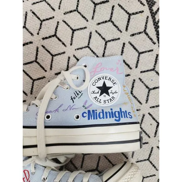 TAYLOR SWIFT CUSTOM PAINTED ALBUM TITLES CONVERSE HIGH TOP SNEAKERS, SZ 6.5