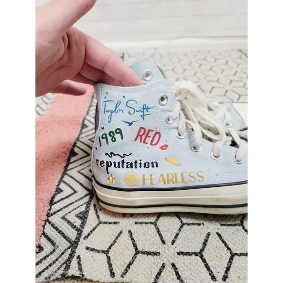 TAYLOR SWIFT CUSTOM PAINTED ALBUM TITLES CONVERSE HIGH TOP SNEAKERS, SZ 6.5