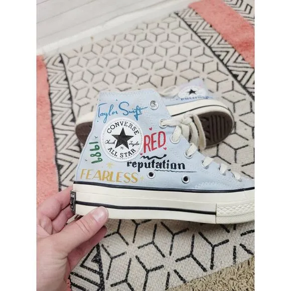 TAYLOR SWIFT CUSTOM PAINTED ALBUM TITLES CONVERSE HIGH TOP SNEAKERS, SZ 6.5