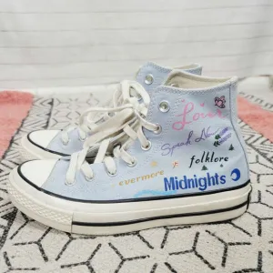 TAYLOR SWIFT CUSTOM PAINTED ALBUM TITLES CONVERSE HIGH TOP SNEAKERS, SZ 6.5