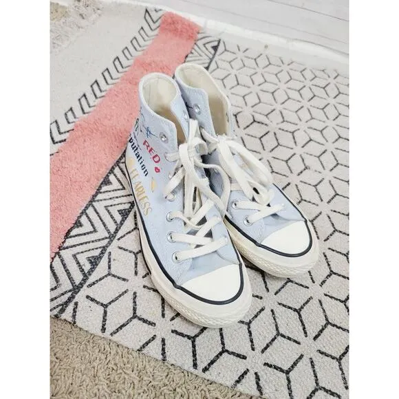 TAYLOR SWIFT CUSTOM PAINTED ALBUM TITLES CONVERSE HIGH TOP SNEAKERS, SZ 6.5