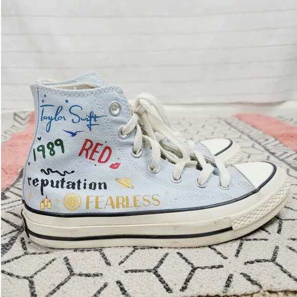 TAYLOR SWIFT CUSTOM PAINTED ALBUM TITLES CONVERSE HIGH TOP SNEAKERS, SZ 6.5