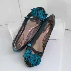 Teal Leather Mary Jane Ballet Flats with Suede Flowers  'Garden Delight'  Sz 7