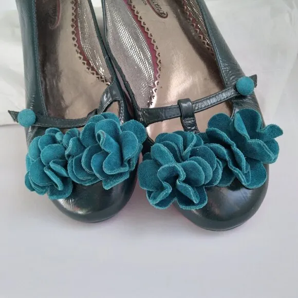 Teal Leather Mary Jane Ballet Flats with Suede Flowers  'Garden Delight'  Sz 7