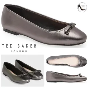 Ted Baker Noraih Grey Metallic Gunmetal Leather Bow Ballerina Flat Shoes 39 8.5