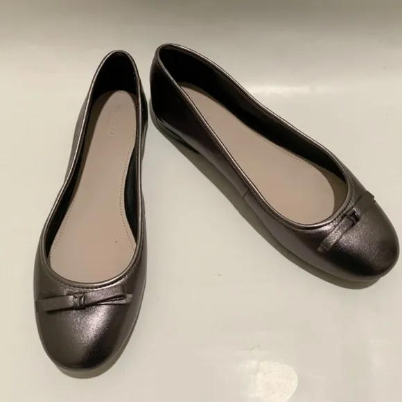Ted Baker Noraih Grey Metallic Gunmetal Leather Bow Ballerina Flat Shoes 39 8.5
