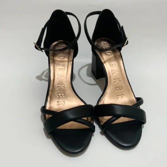 Ted Baker Sheaha Ankle Strap Heels Black Leather Sandal Block Heel Pumps 37 6.5