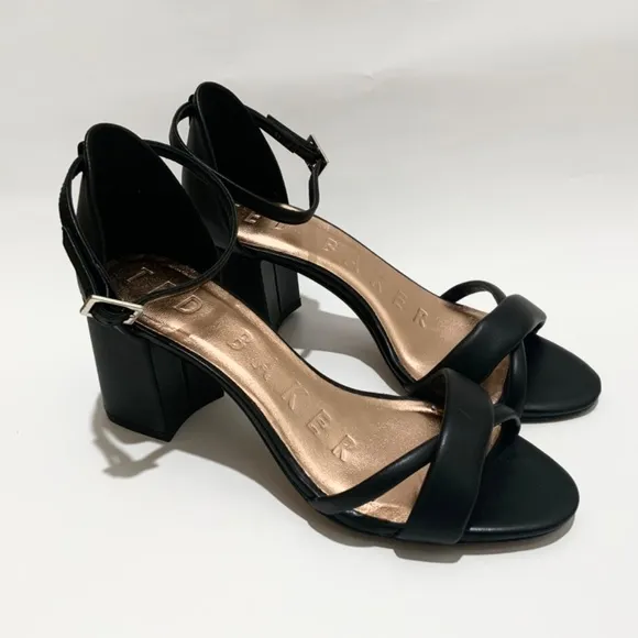 Ted Baker Sheaha Ankle Strap Heels Black Leather Sandal Block Heel Pumps 37 6.5
