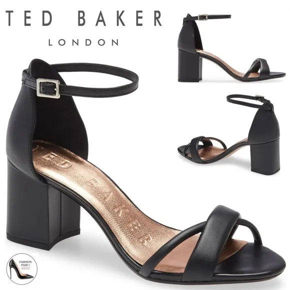 Ted Baker Sheaha Ankle Strap Heels Black Leather Sandals 6.5 Block Heel Pumps 37