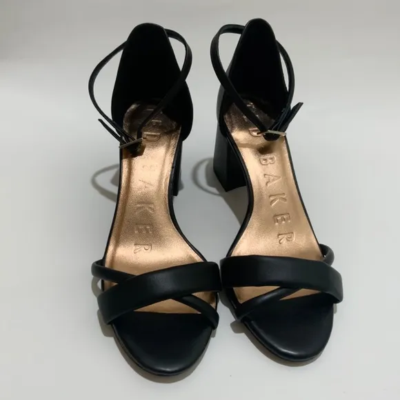 Ted Baker Sheaha Ankle Strap Heels Black Leather Sandals 6.5 Block Heel Pumps 37