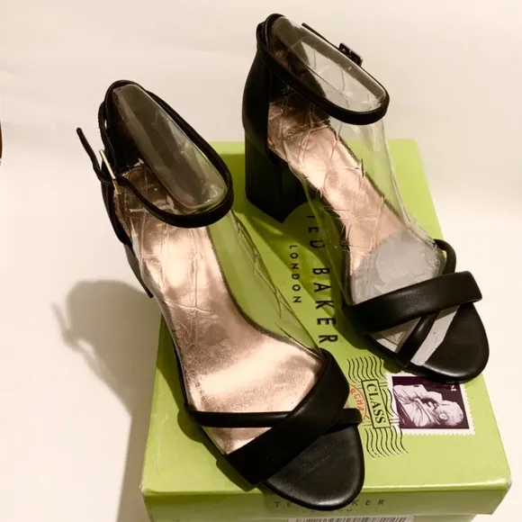 Ted Baker Sheaha Ankle Strap Heels Black Leather Sandals 6.5 Block Heel Pumps 37