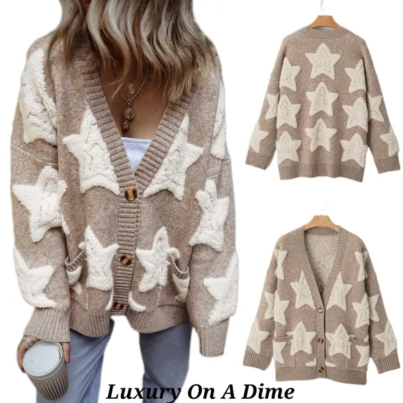 Teddy Fuzzy Sherpa Terry Star Knit Cardigan Long Sleeve Oversized Button Sweater