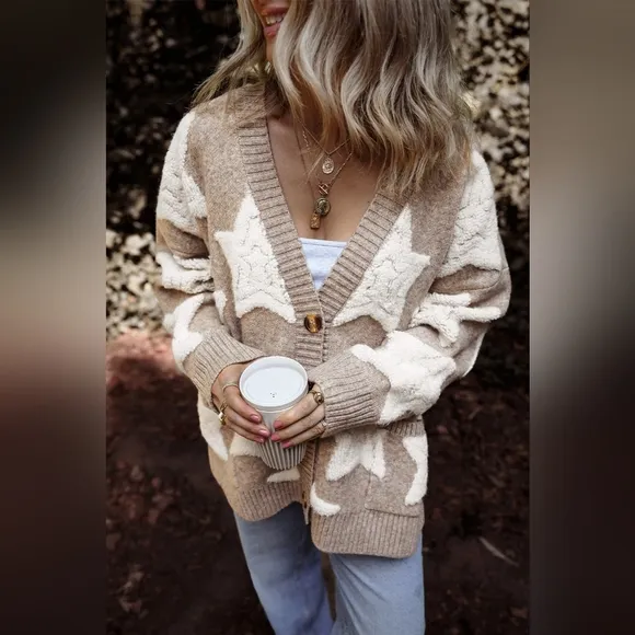 Teddy Fuzzy Sherpa Terry Star Knit Cardigan Long Sleeve Oversized Button Sweater