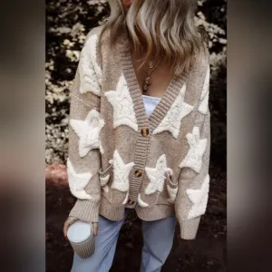 Teddy Fuzzy Sherpa Terry Star Knit Cardigan Long Sleeve Oversized Button Sweater