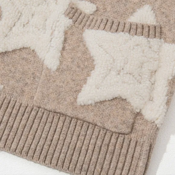 Teddy Fuzzy Sherpa Terry Star Knit Cardigan Long Sleeve Oversized Button Sweater