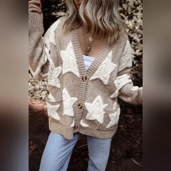 Teddy Fuzzy Sherpa Terry Star Knit Cardigan Long Sleeve Oversized Button Sweater