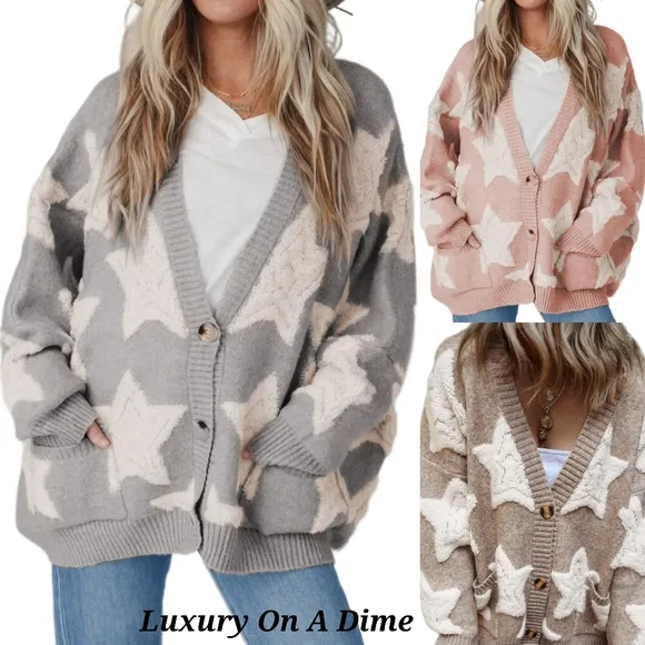 Teddy Fuzzy Sherpa Terry Star Knit Cardigan Long Sleeve Oversized Button Sweater