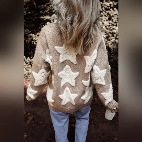 Teddy Fuzzy Sherpa Terry Star Knit Cardigan Long Sleeve Oversized Button Sweater