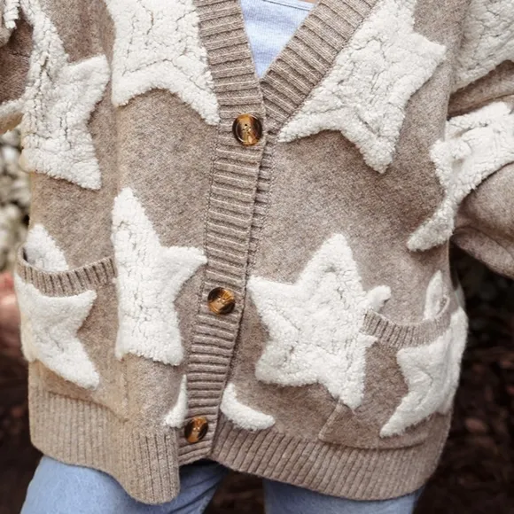 Teddy Fuzzy Sherpa Terry Star Knit Cardigan Long Sleeve Oversized Button Sweater
