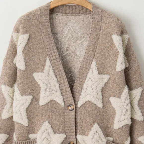 Teddy Fuzzy Sherpa Terry Star Knit Cardigan Long Sleeve Oversized Button Sweater