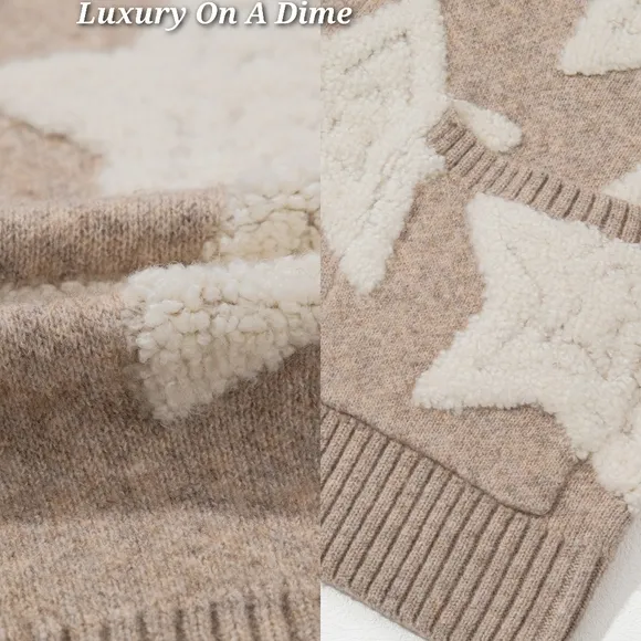 Teddy Fuzzy Sherpa Terry Star Knit Cardigan Long Sleeve Oversized Button Sweater