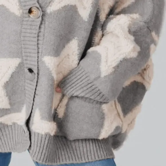 Teddy Fuzzy Terry Star Knit Cardigan Long Sleeve Oversized Sherpa Button Sweater