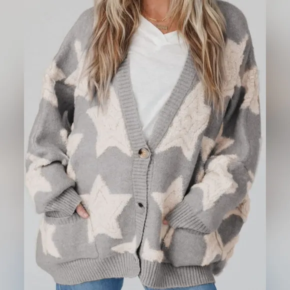 Teddy Fuzzy Terry Star Knit Cardigan Long Sleeve Oversized Sherpa Button Sweater