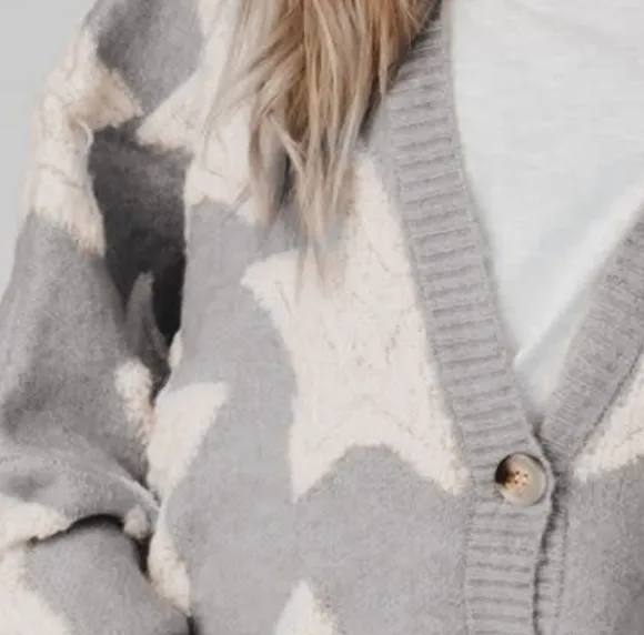 Teddy Fuzzy Terry Star Knit Cardigan Long Sleeve Oversized Sherpa Button Sweater