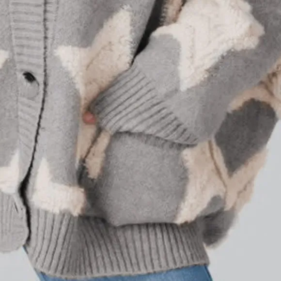 Teddy Fuzzy Terry Star Knit Cardigan Long Sleeve Oversized Sherpa Button Sweater