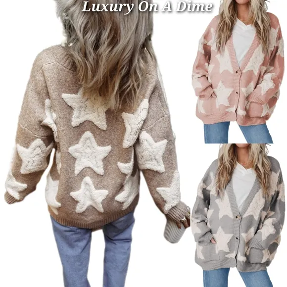 Teddy Fuzzy Terry Star Knit Cardigan Long Sleeve Oversized Sherpa Button Sweater