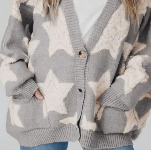 Teddy Fuzzy Terry Star Knit Cardigan Long Sleeve Oversized Sherpa Button Sweater