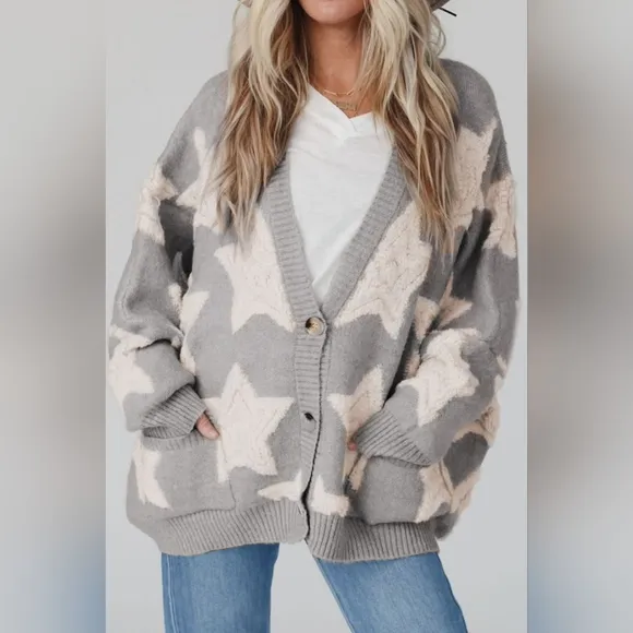 Teddy Fuzzy Terry Star Knit Cardigan Long Sleeve Oversized Sherpa Button Sweater