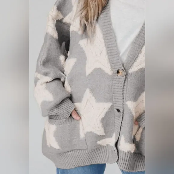 Teddy Fuzzy Terry Star Knit Cardigan Long Sleeve Oversized Sherpa Button Sweater