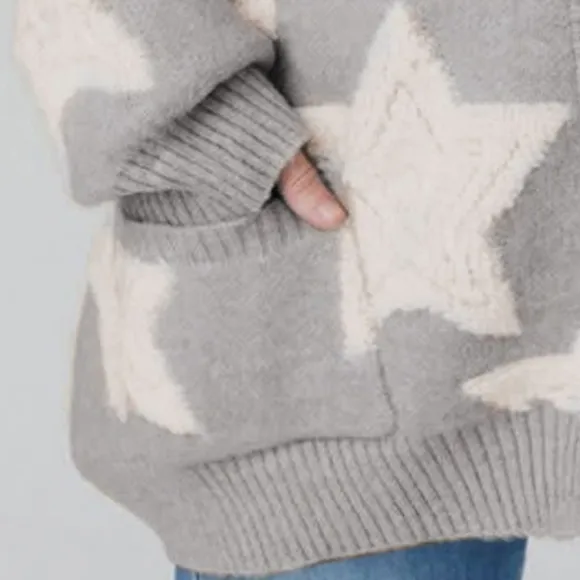 Teddy Fuzzy Terry Star Knit Cardigan Long Sleeve Oversized Sherpa Button Sweater