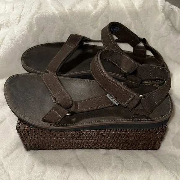 TEVA 13 Brown Original Universal Menswear Leather Canvas Velcro Straps Sandals