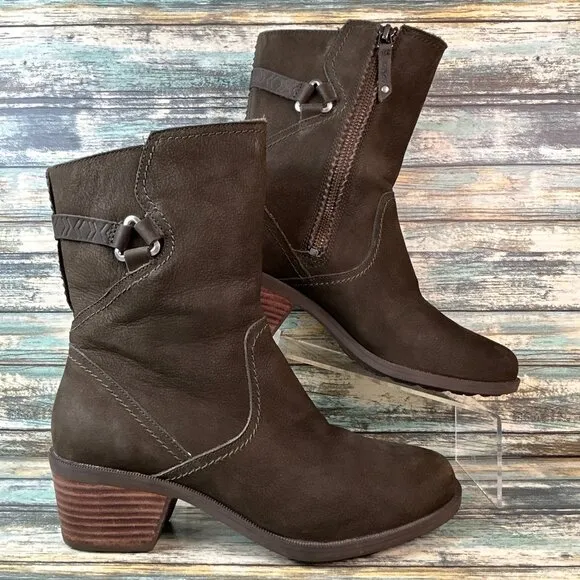 Teva Foxy Mid-Calf Boots Womens 8.5 Green Nubuck Leather Stacked Block Heel Zip