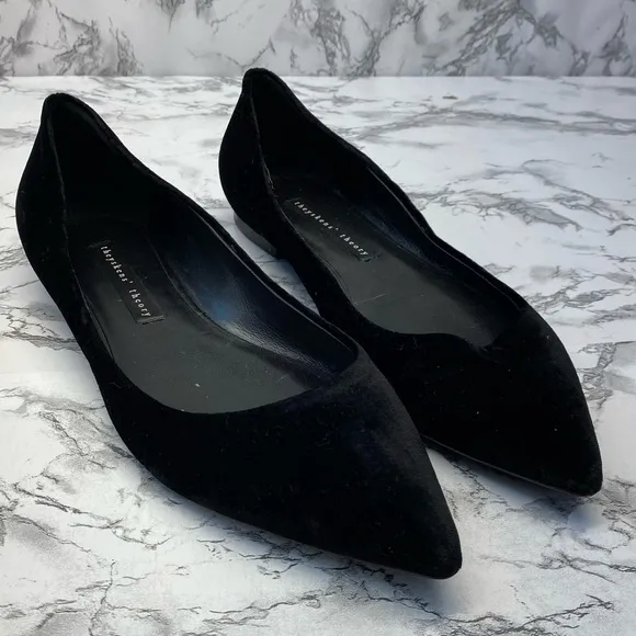 Theyskens’ Theory Black Suede Pointy Toe Designer Leather Flats Size 8 NWOT $325