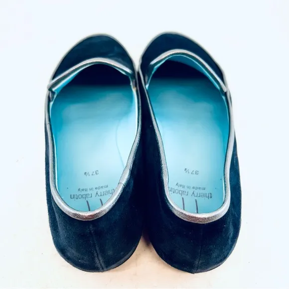 Thierry Rabotin Gabriella 1533 Blue Suede Silver Piping Smoking Flats 37.5 US 7