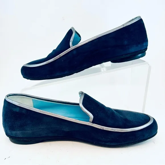 Thierry Rabotin Gabriella 1533 Blue Suede Silver Piping Smoking Flats 37.5 US 7