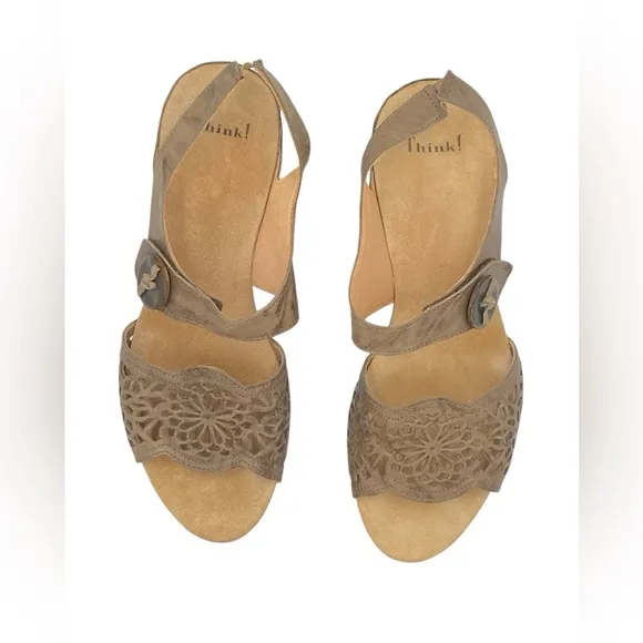 Think! Zilli Wedge Taupe Women's Brown Leather Sandals NWOB EU42/US11