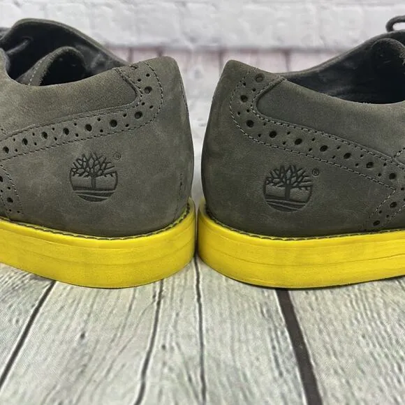 Timberland Men’s Gray Wingtip Suede Loafers with Bright Yellow Sole. Size 10