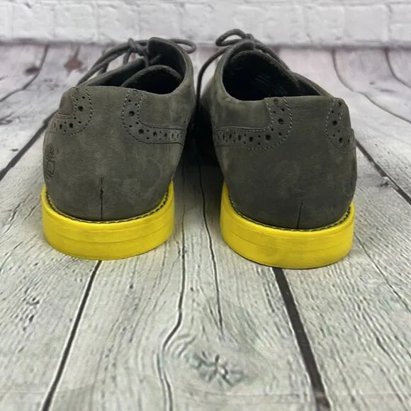 Timberland Men’s Gray Wingtip Suede Loafers with Bright Yellow Sole. Size 10